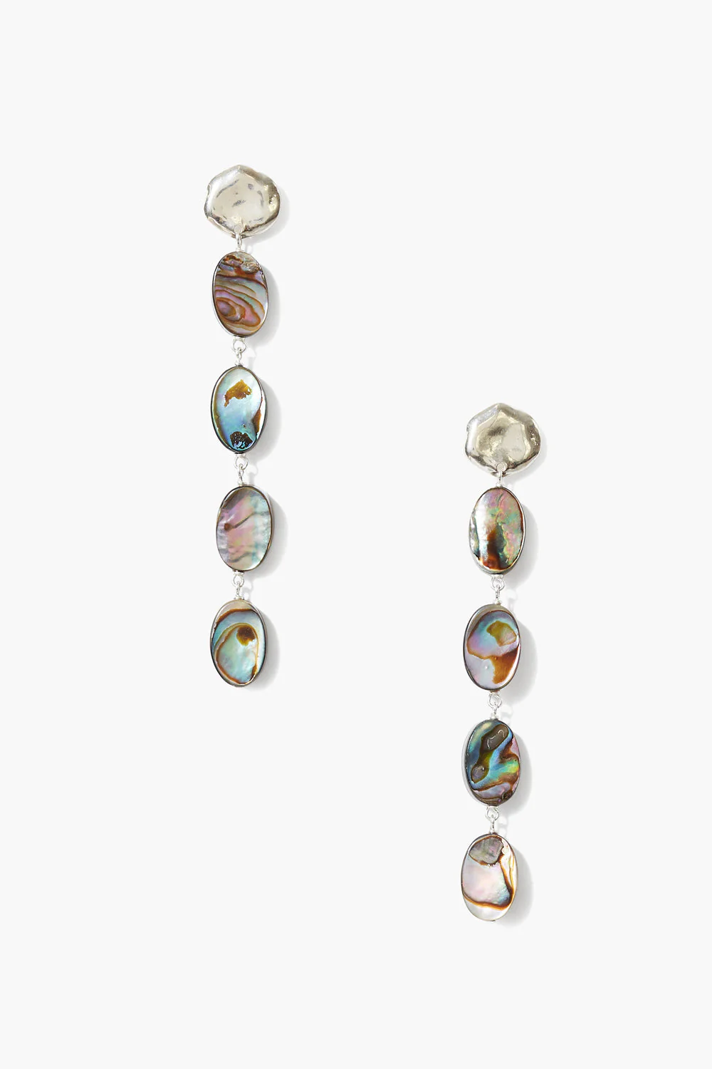 Pair of earrings with abalone stones on a white background
