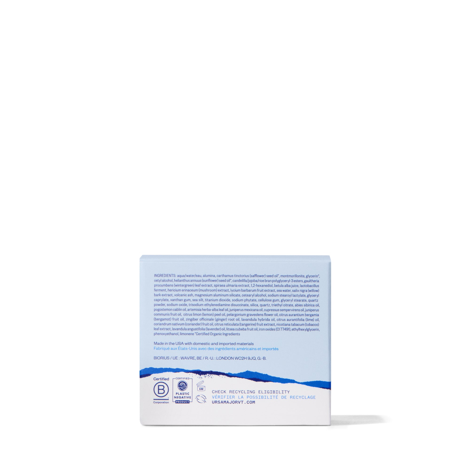 Product packaging with text and a blue label on a white background