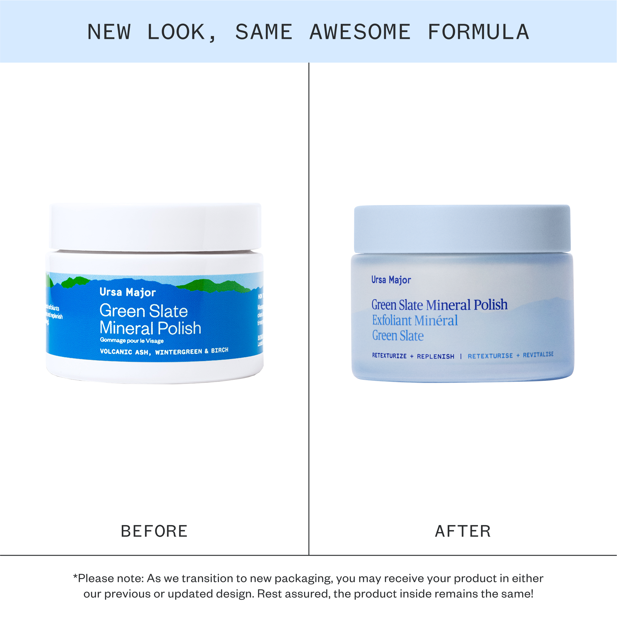 Before and after comparison of Ursa Major Green Slate Mineral Polish packaging.