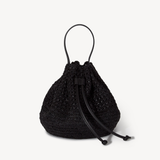 Black woven drawstring bag on a white background