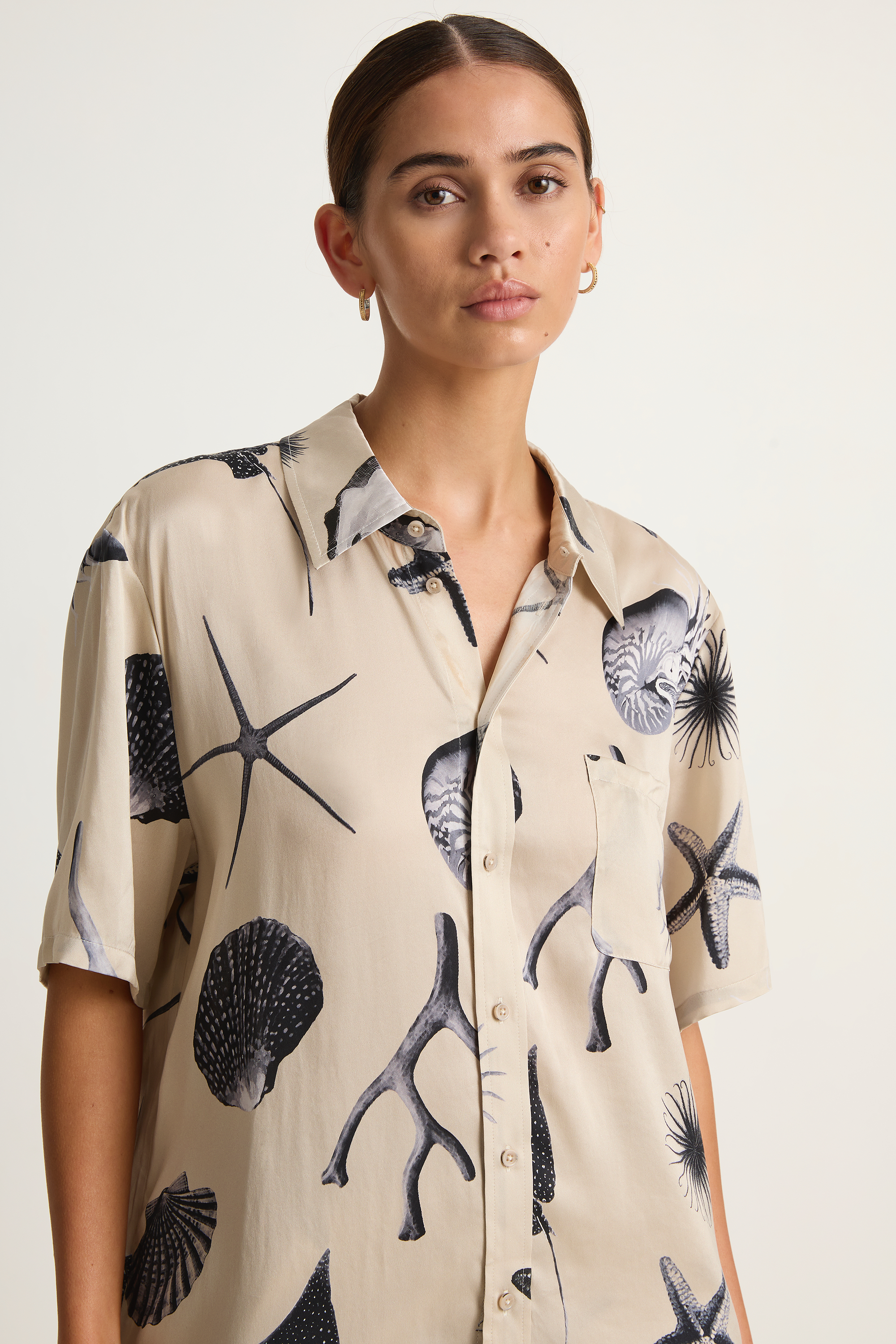 Silk Laundry Short Sleeve Boyfriend Shirt - Seashells