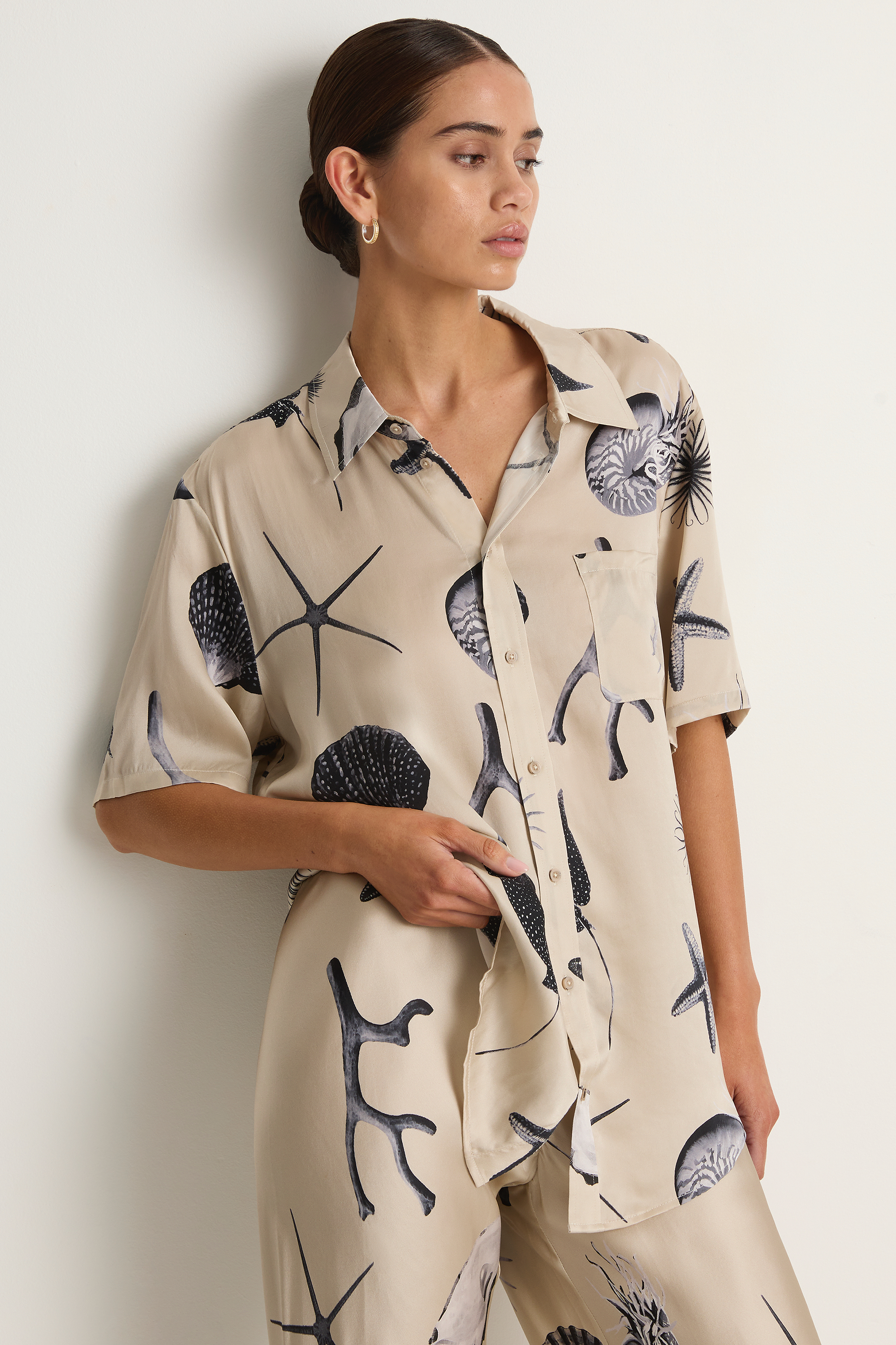 Silk Laundry Short Sleeve Boyfriend Shirt - Seashells