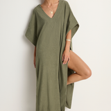 Simone Fan Long Open Kaftan Thin Shaved Terry - Olive