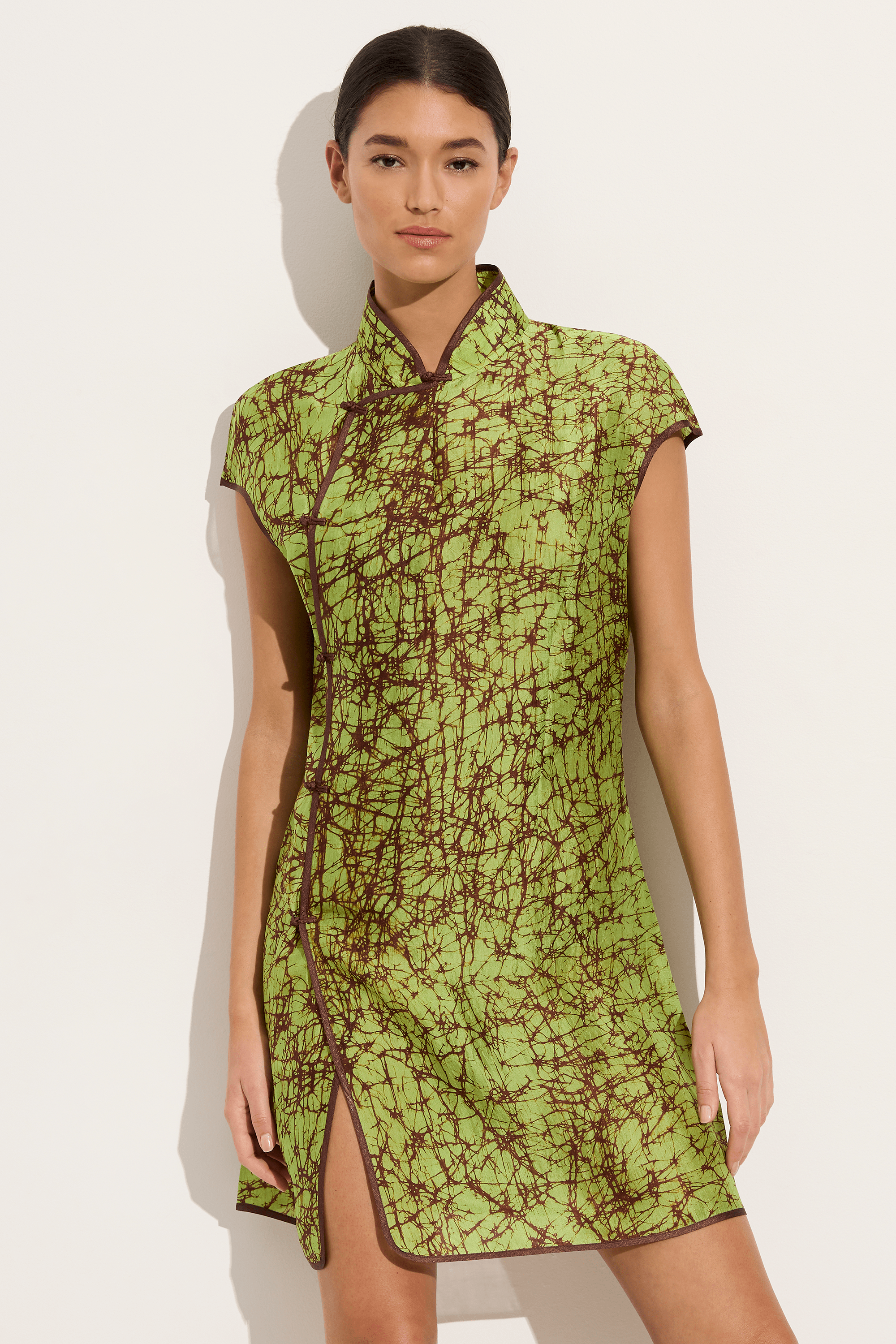 Anaak Vien Mandarin Tussar dress in apple batik