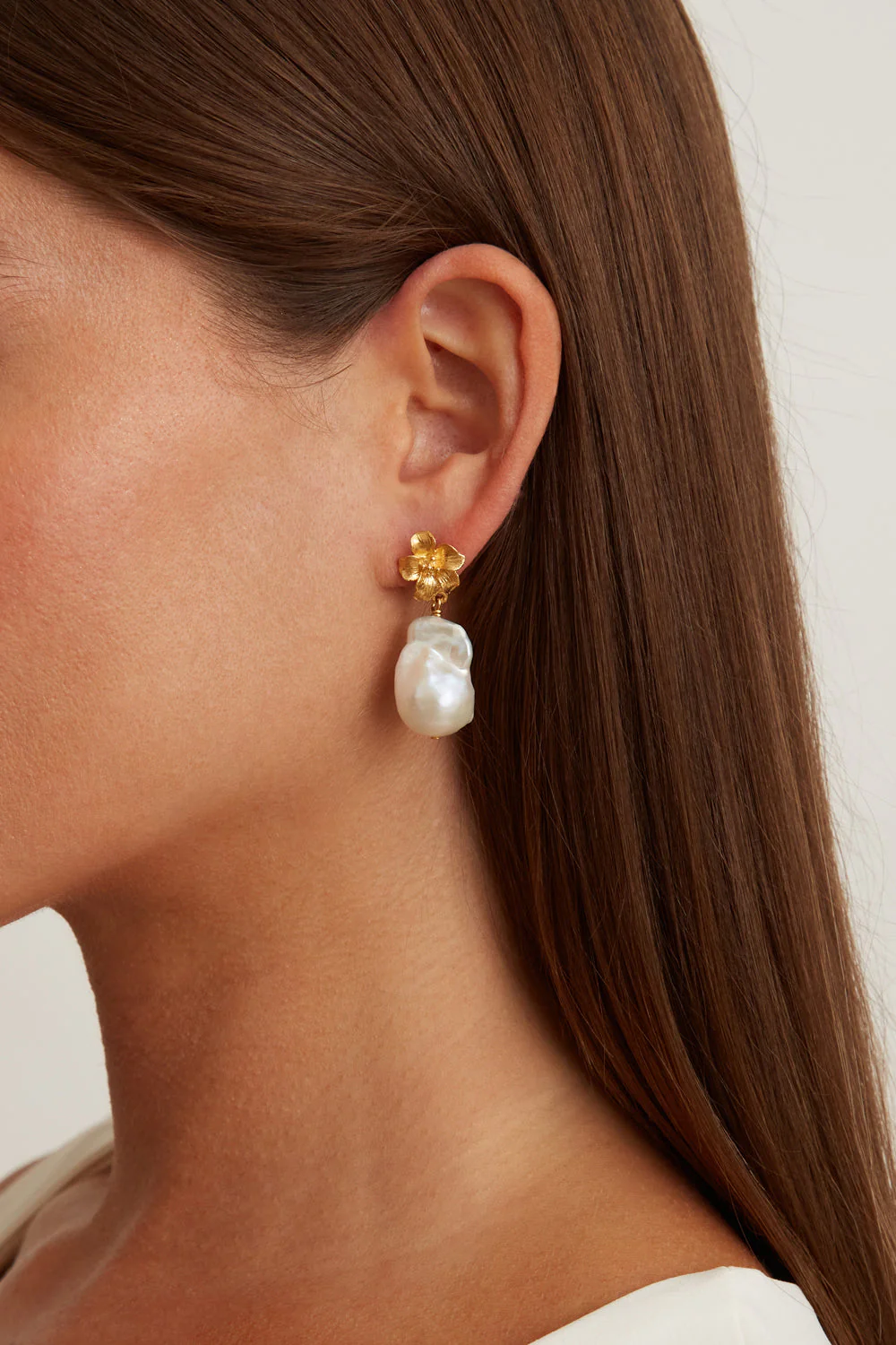 Chan Luu Gold Hibiscus Pearl Drop Earrings