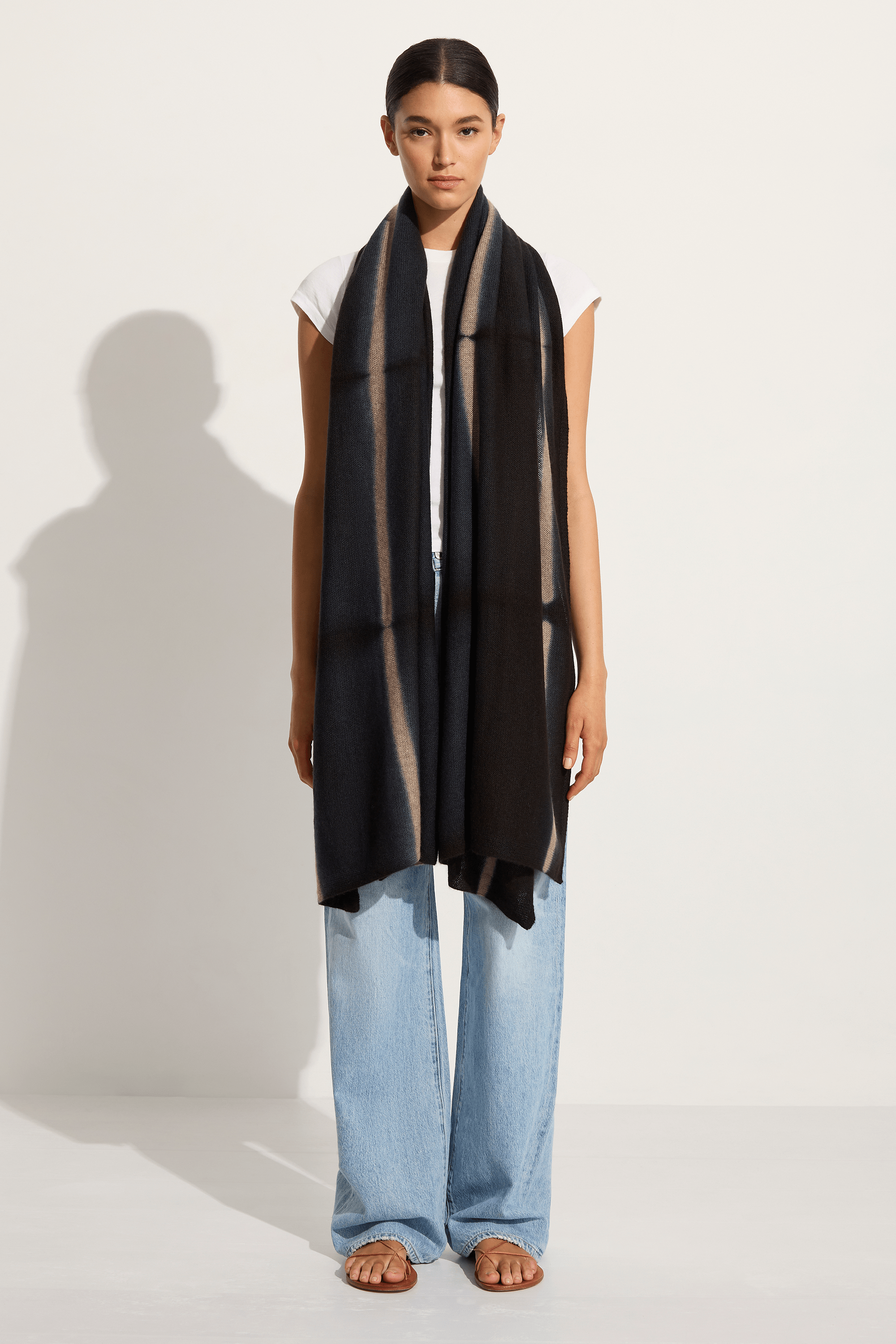 Suzusan Cashmere knit shawl Boujime Shibori line in black / light coffee