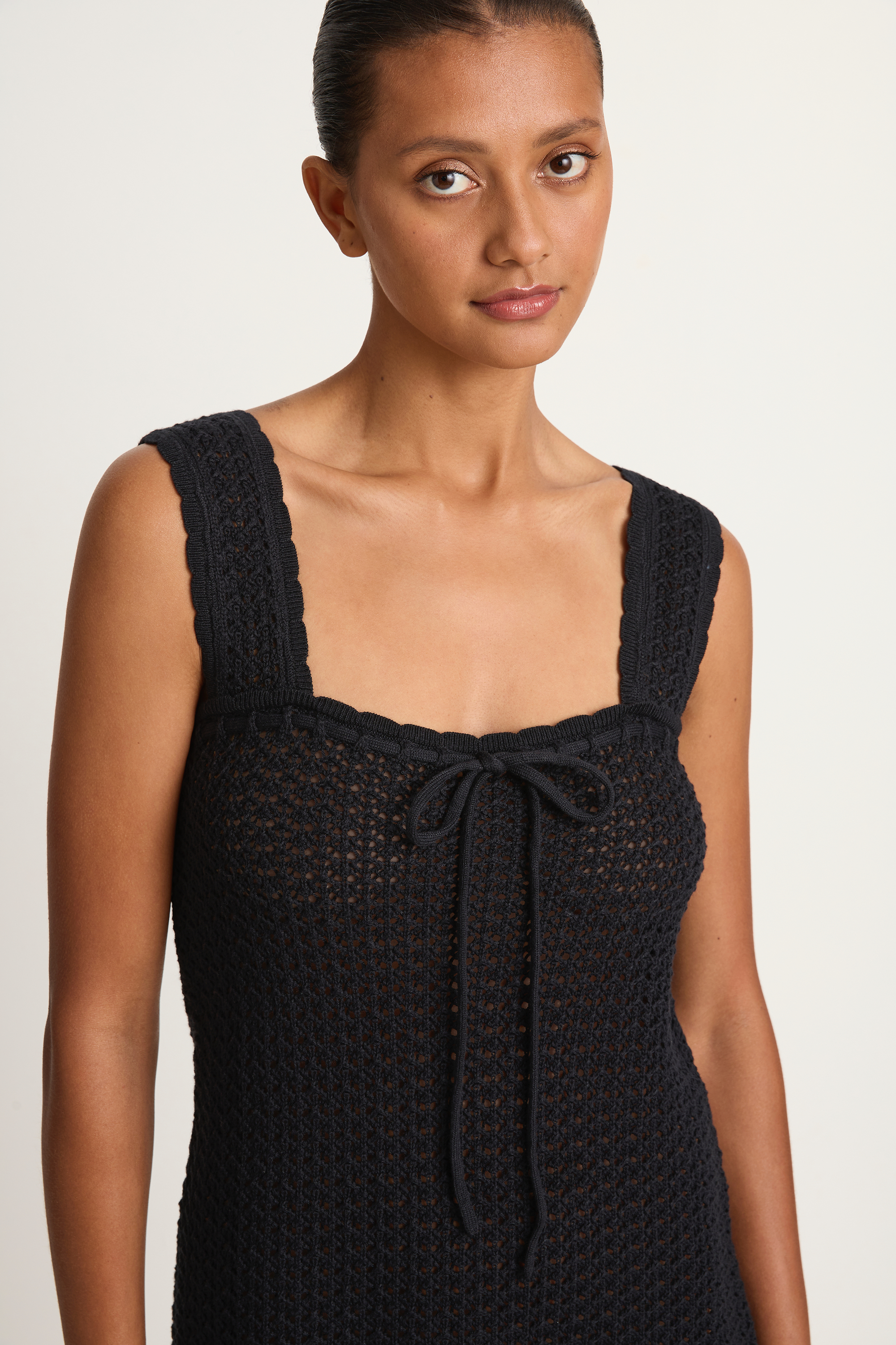 Peony Pointelle Scalloped Strap Mini Dress - Noir