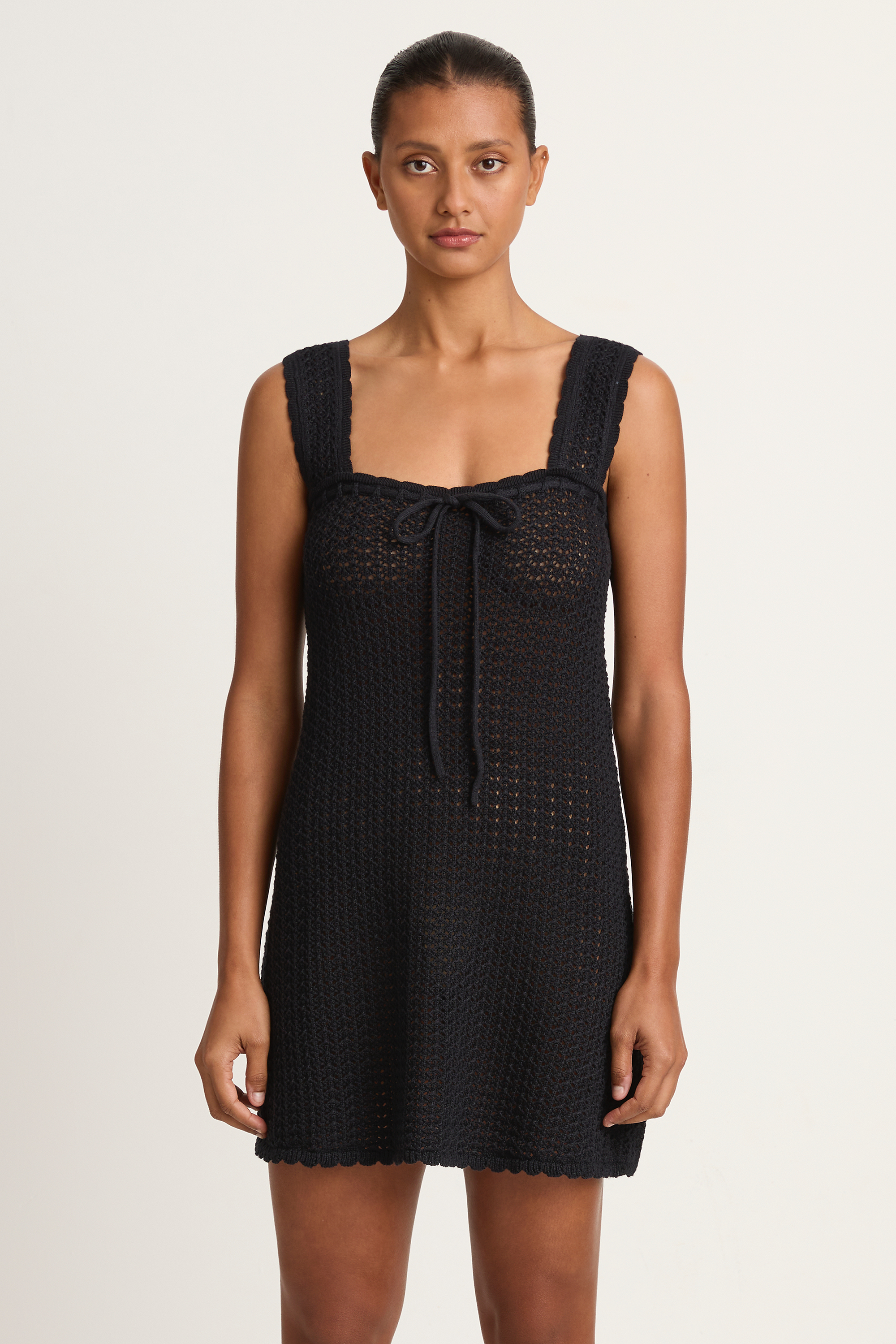 Peony Pointelle Scalloped Strap Mini Dress - Noir