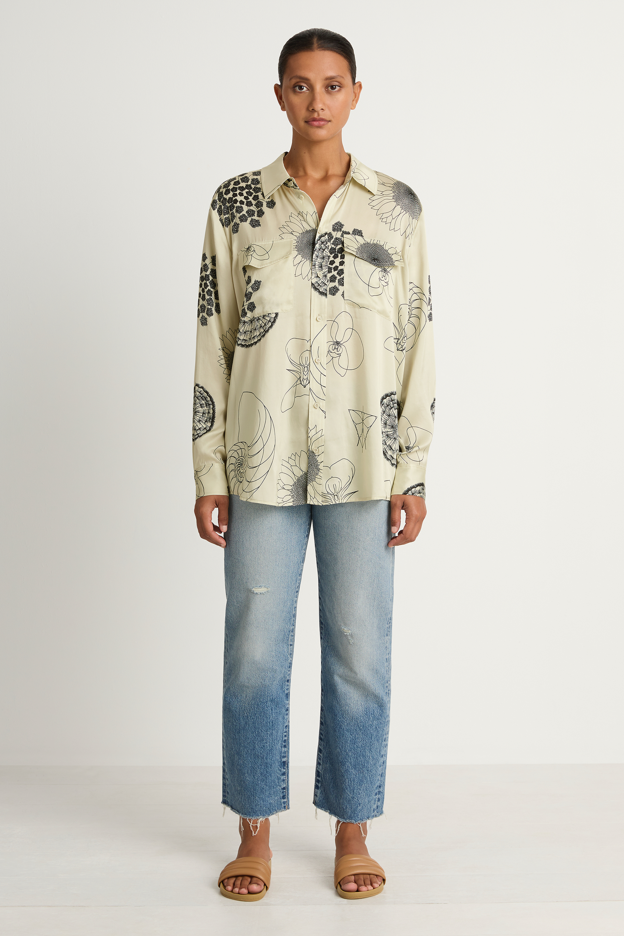 Silk Laundry Boyfriend Shirt - Fibonacci Off White