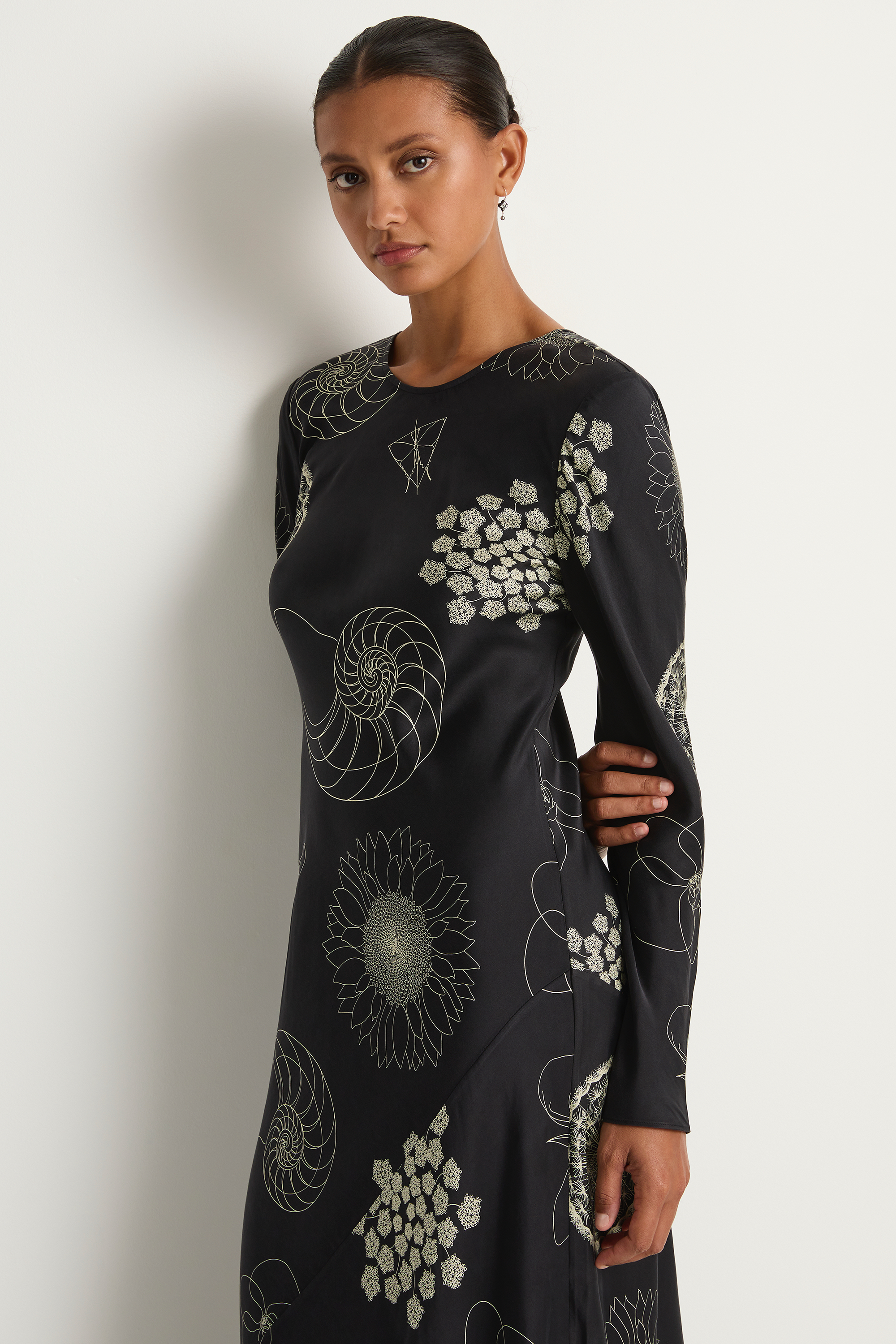 Silk Laundry Full Sleeve Bias Dress - Fibonacci Black
