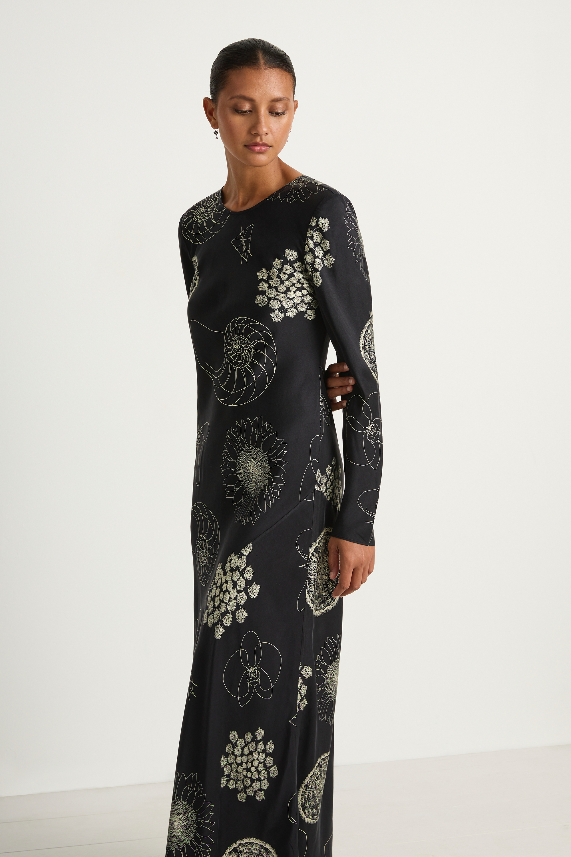 Silk Laundry Full Sleeve Bias Dress - Fibonacci Black