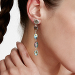 Close-up of a woman wearing a dangling earring with iridescent abalone.
