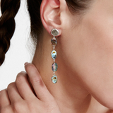 Close-up of a woman wearing a dangling earring with iridescent abalone.