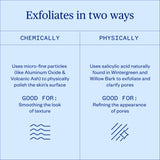 Chart comparing chemically exfoliating with physically exfoliating methods on a light blue background.