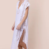 Juliet Dunn Narrow Poncho with Oversized Cutwork - white