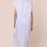 Juliet Dunn Narrow Poncho with Oversized Cutwork - white