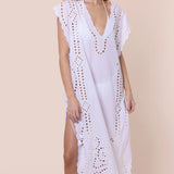Juliet Dunn Narrow Poncho with Oversized Cutwork - white