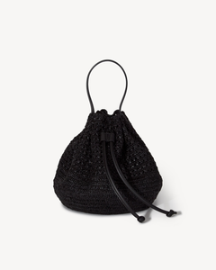 Black woven drawstring bag on a white background