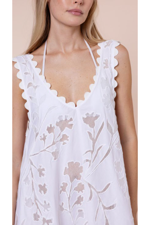 Juliet Dunn Poplin & Net Floral Cutwork Low Back Dress with trim - White