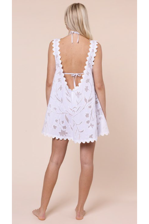 Juliet Dunn Poplin & Net Floral Cutwork Low Back Dress with trim - White