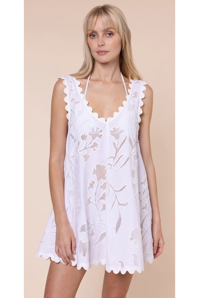 Juliet Dunn Poplin & Net Floral Cutwork Low Back Dress with trim - White