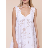 Juliet Dunn Poplin & Net Floral Cutwork Low Back Dress with trim - White