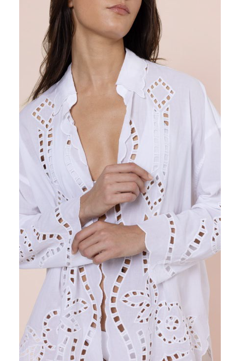 Juliet Dunn Shirt with Big Cutwork Embroidery - White