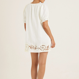 Peony Embroidered Poets Mini Dress - Gardenia