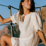 Peony Embroidered Poets Mini Dress - Gardenia