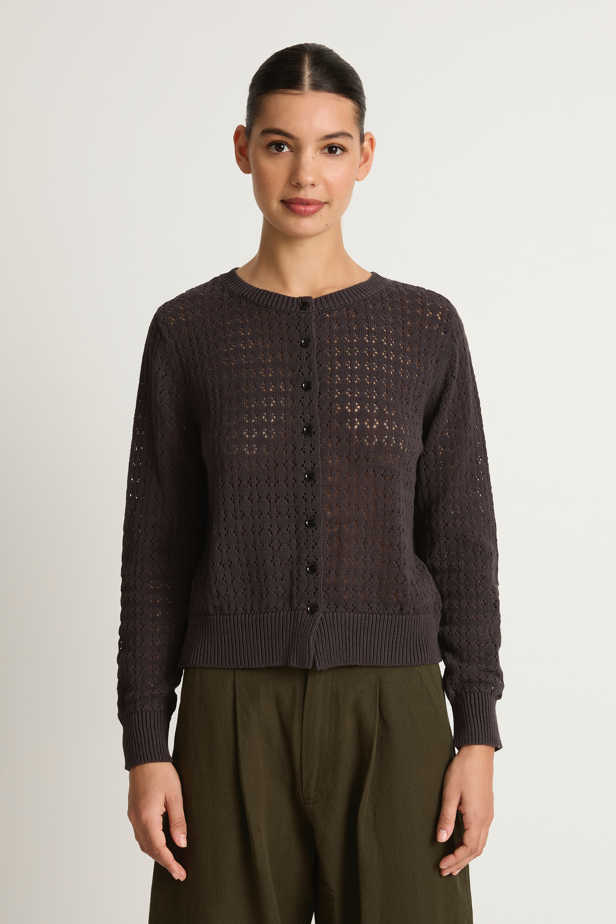 Demylee Emma Crochet Cotton Linen Cardigan - Shadow