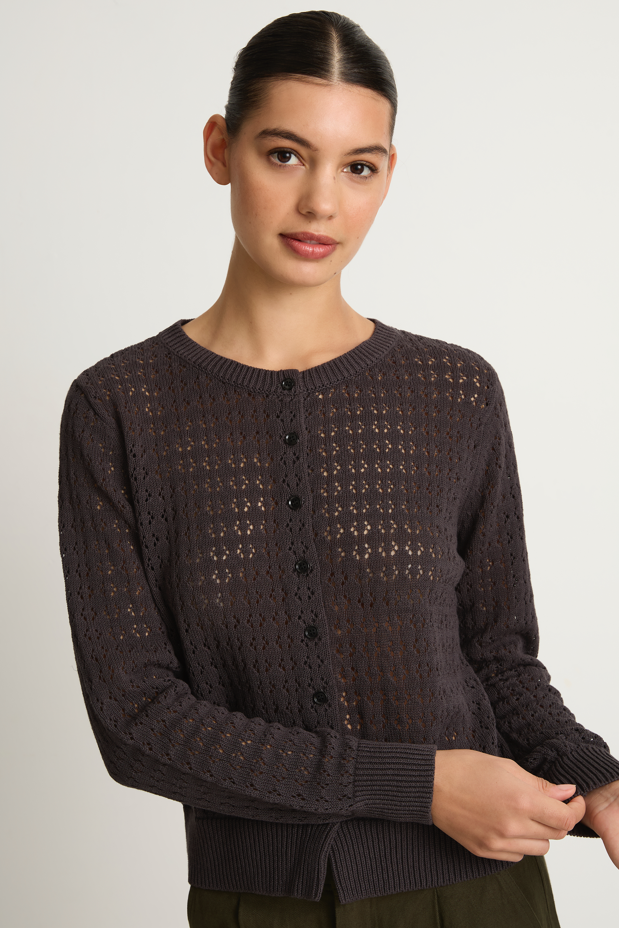 Demylee Emma Crochet Cotton Linen Cardigan - Shadow