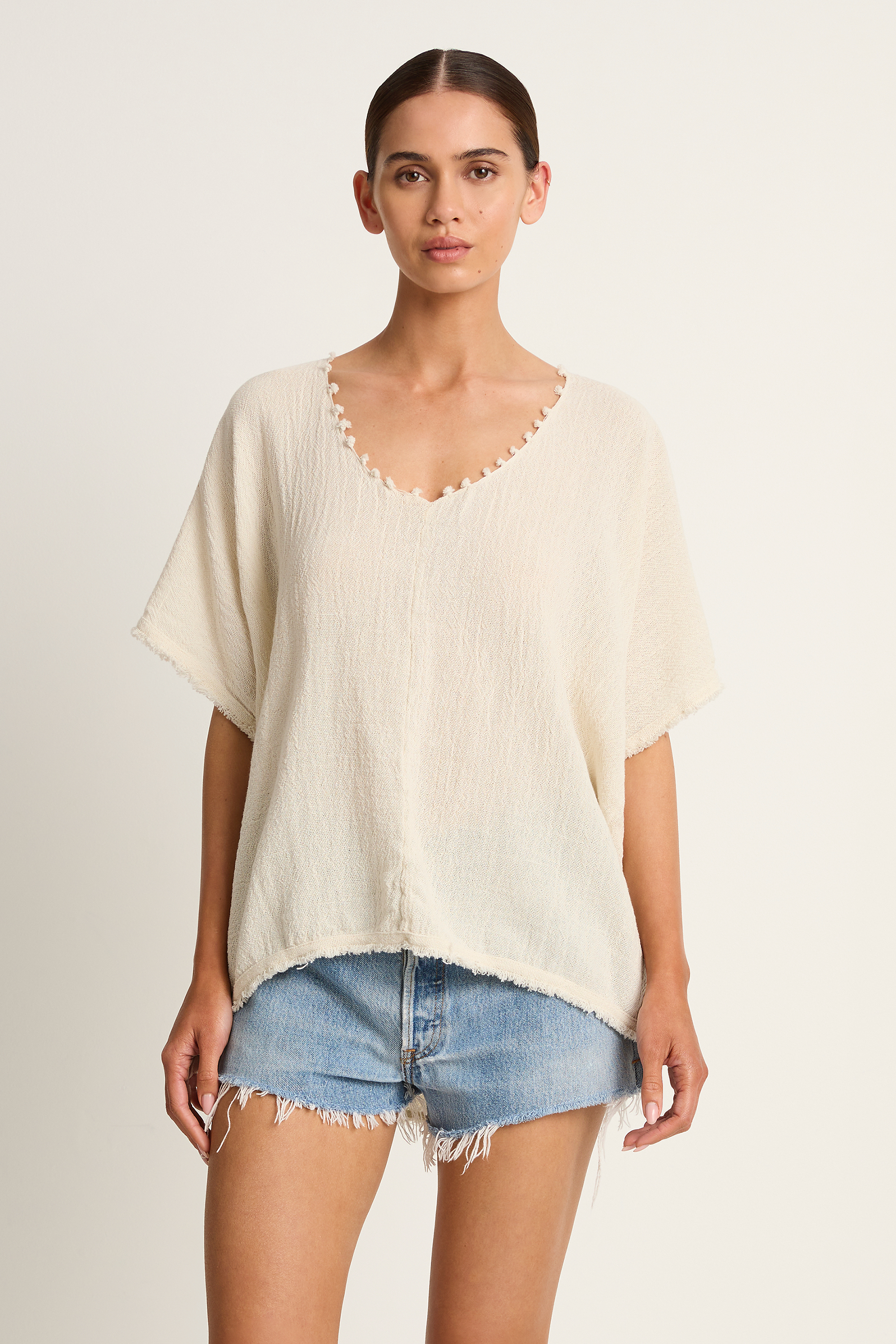 Caravana Xmaben Short Sleeve V-Neck Top - Natural