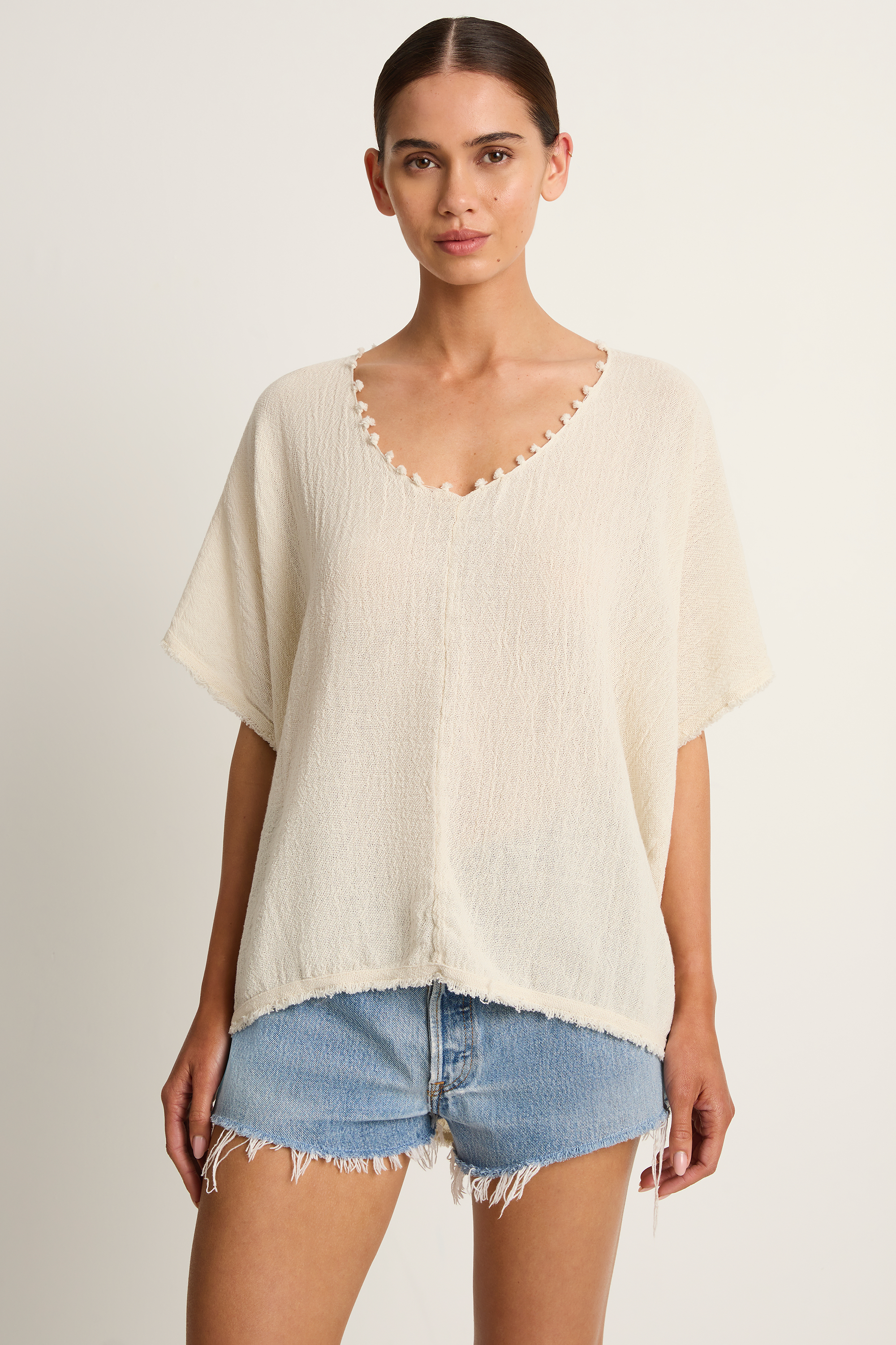 Caravana Xmaben Short Sleeve V-Neck Top - Natural