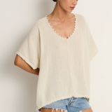 Caravana Xmaben Short Sleeve V-Neck Top - Natural