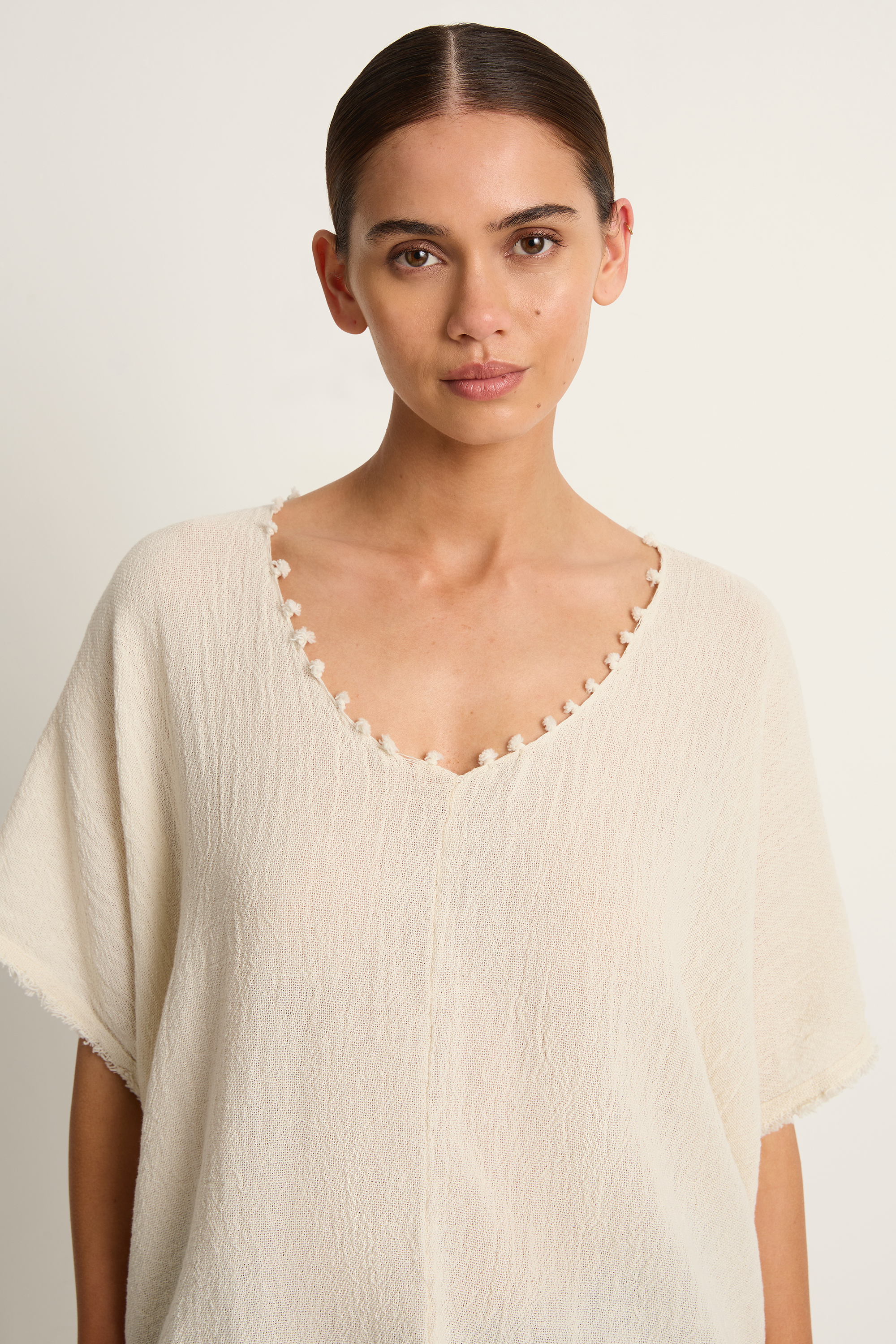 Caravana Xmaben Short Sleeve V-Neck Top - Natural