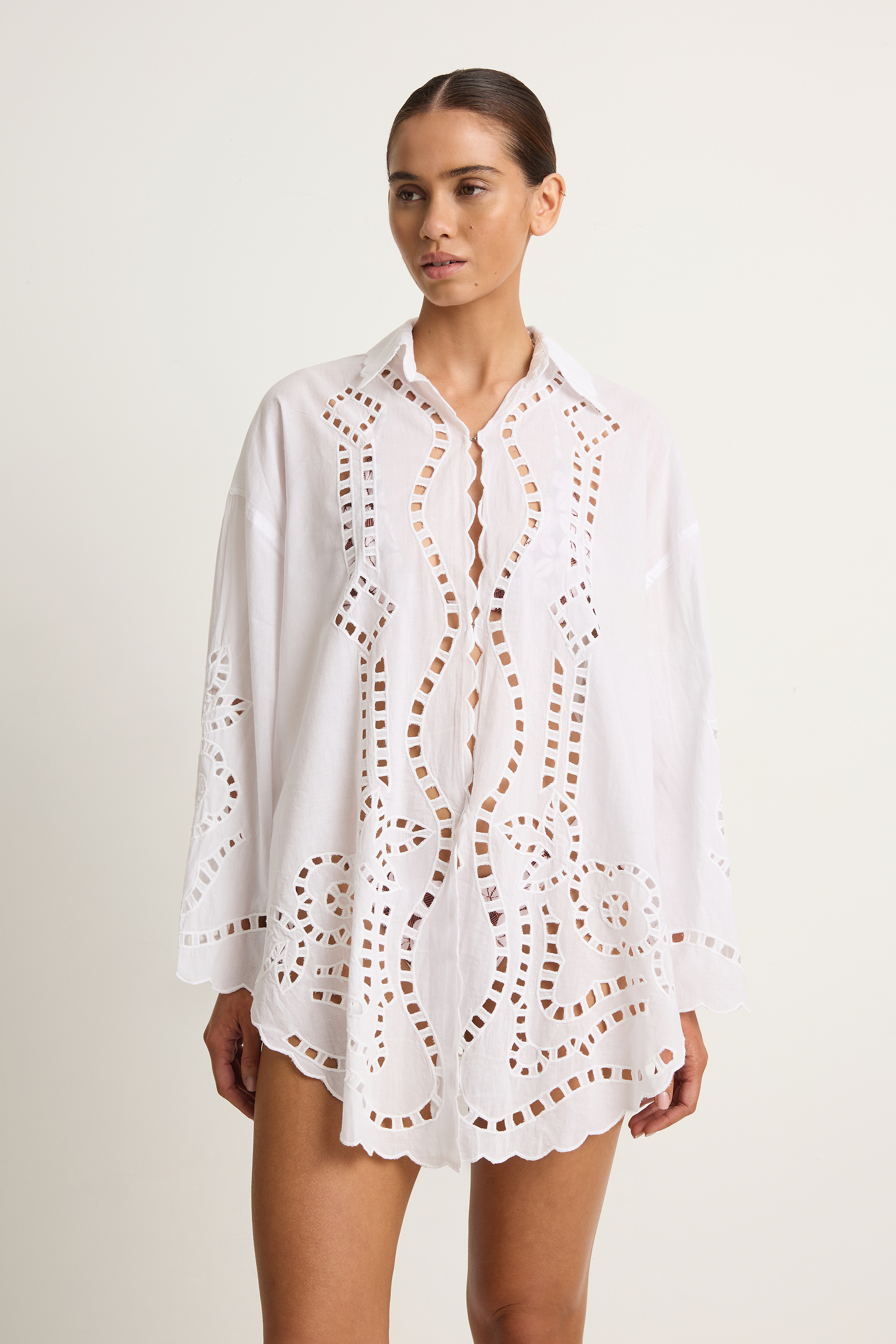 Juliet Dunn Shirt with Big Cutwork Embroidery - White