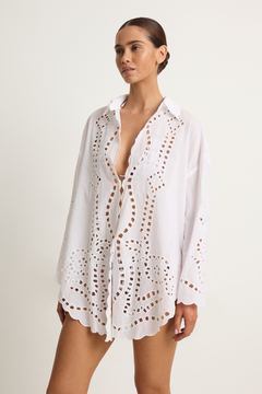 Juliet Dunn Shirt with Big Cutwork Embroidery - White