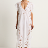 Juliet Dunn Narrow Poncho with Oversized Cutwork - white