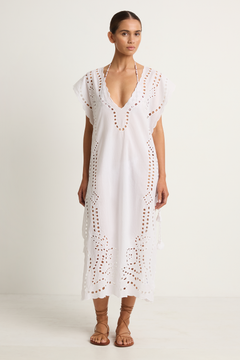 Juliet Dunn Narrow Poncho with Oversized Cutwork - white