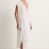 Juliet Dunn Narrow Poncho with Oversized Cutwork - white