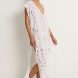 Juliet Dunn Narrow Poncho with Oversized Cutwork - white
