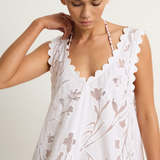 Juliet Dunn Poplin & Net Floral Cutwork Low Back Dress with Ric Rac - White