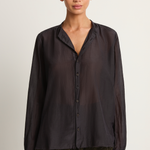 Pas De Calais Cotton Silk Lawn Stand Collar Blouse - Navy