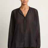 Pas De Calais Cotton Silk Lawn Stand Collar Blouse - Navy
