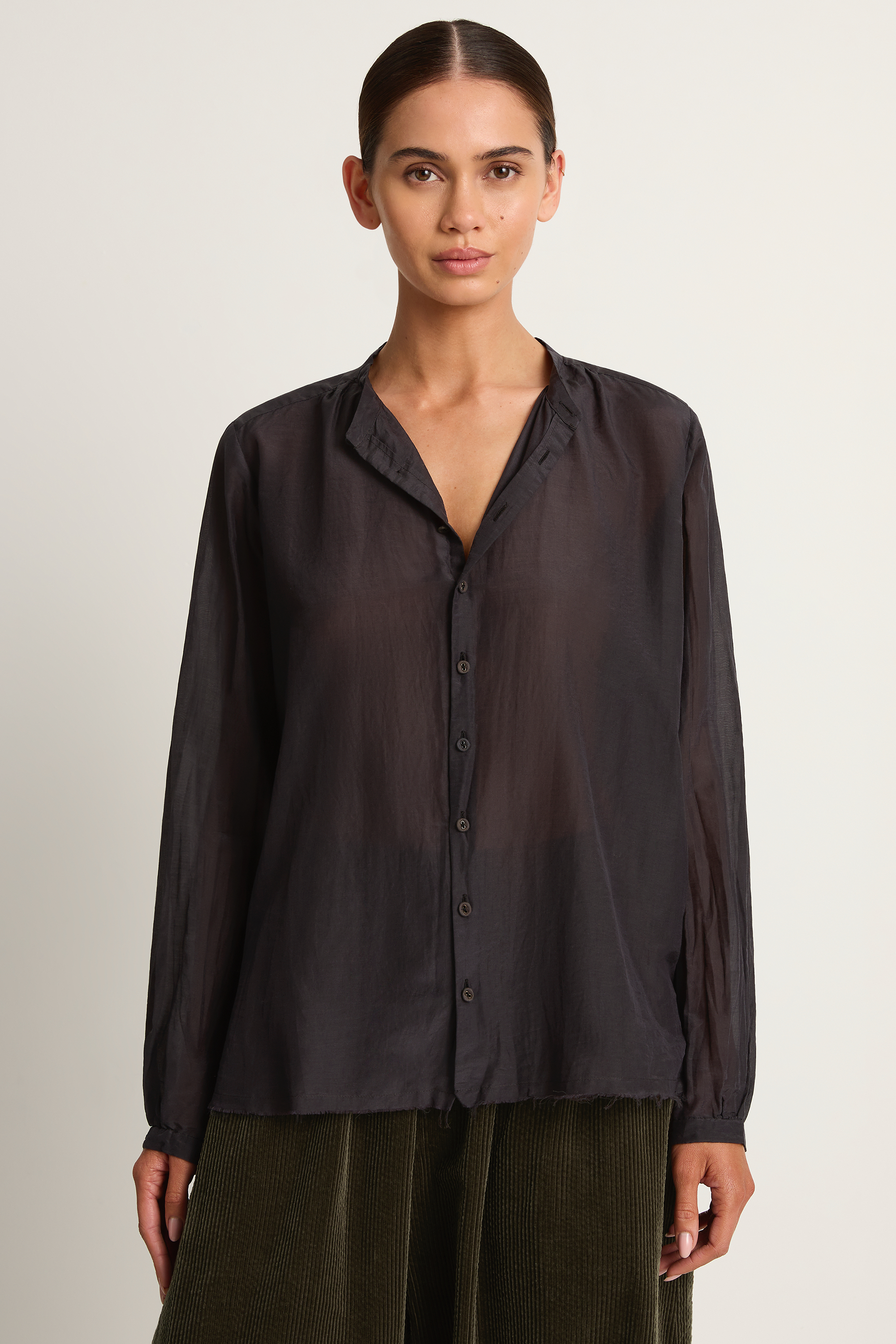 Pas De Calais Cotton Silk Lawn Stand Collar Blouse - Navy