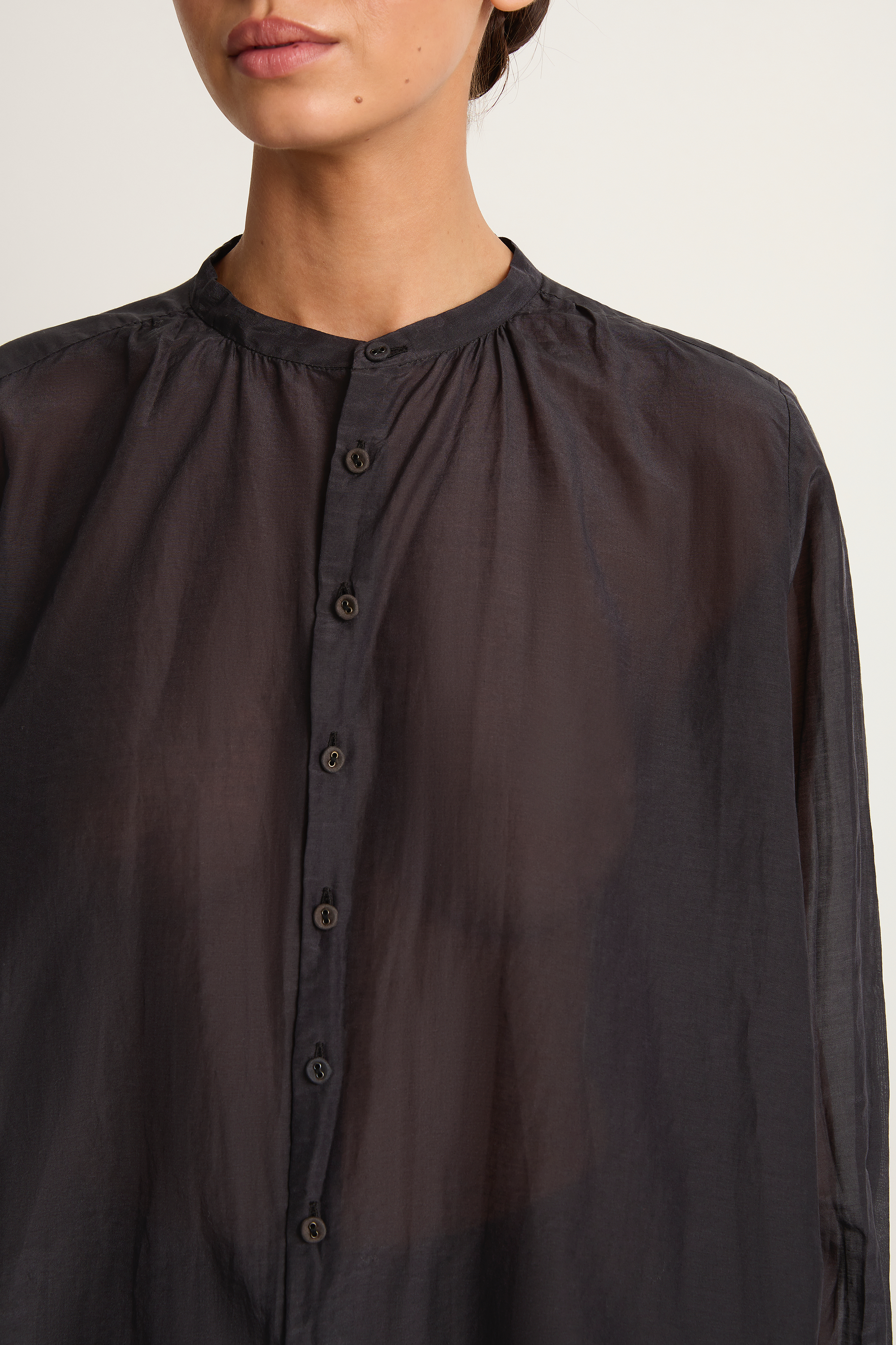 Pas De Calais Cotton Silk Lawn Stand Collar Blouse - Navy