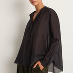 Pas De Calais Cotton Silk Lawn Stand Collar Blouse - Navy