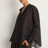 Pas De Calais Cotton Silk Lawn Stand Collar Blouse - Navy