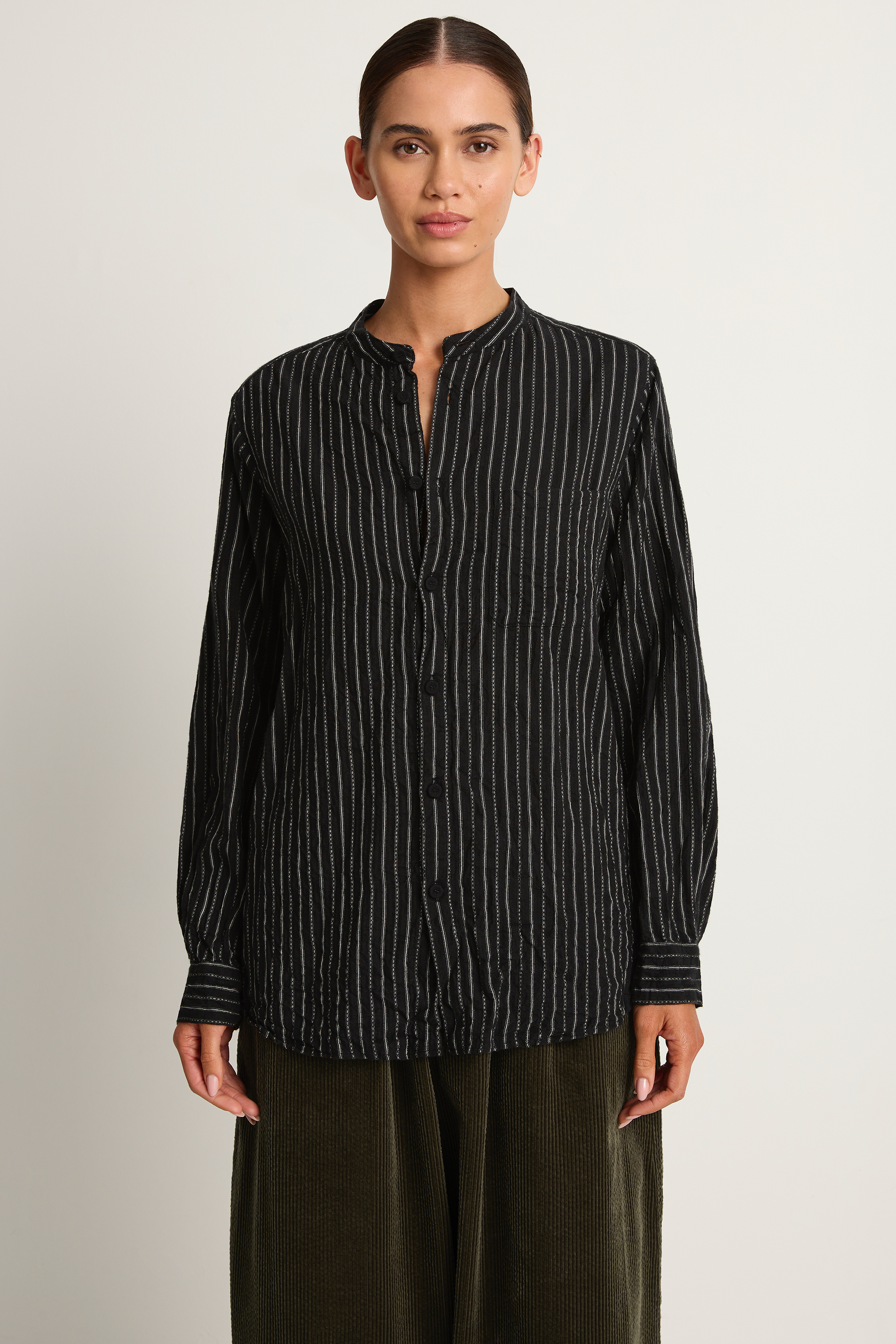 Pas De Calais Doby Stripe Shirring Brushed Blouse - Black