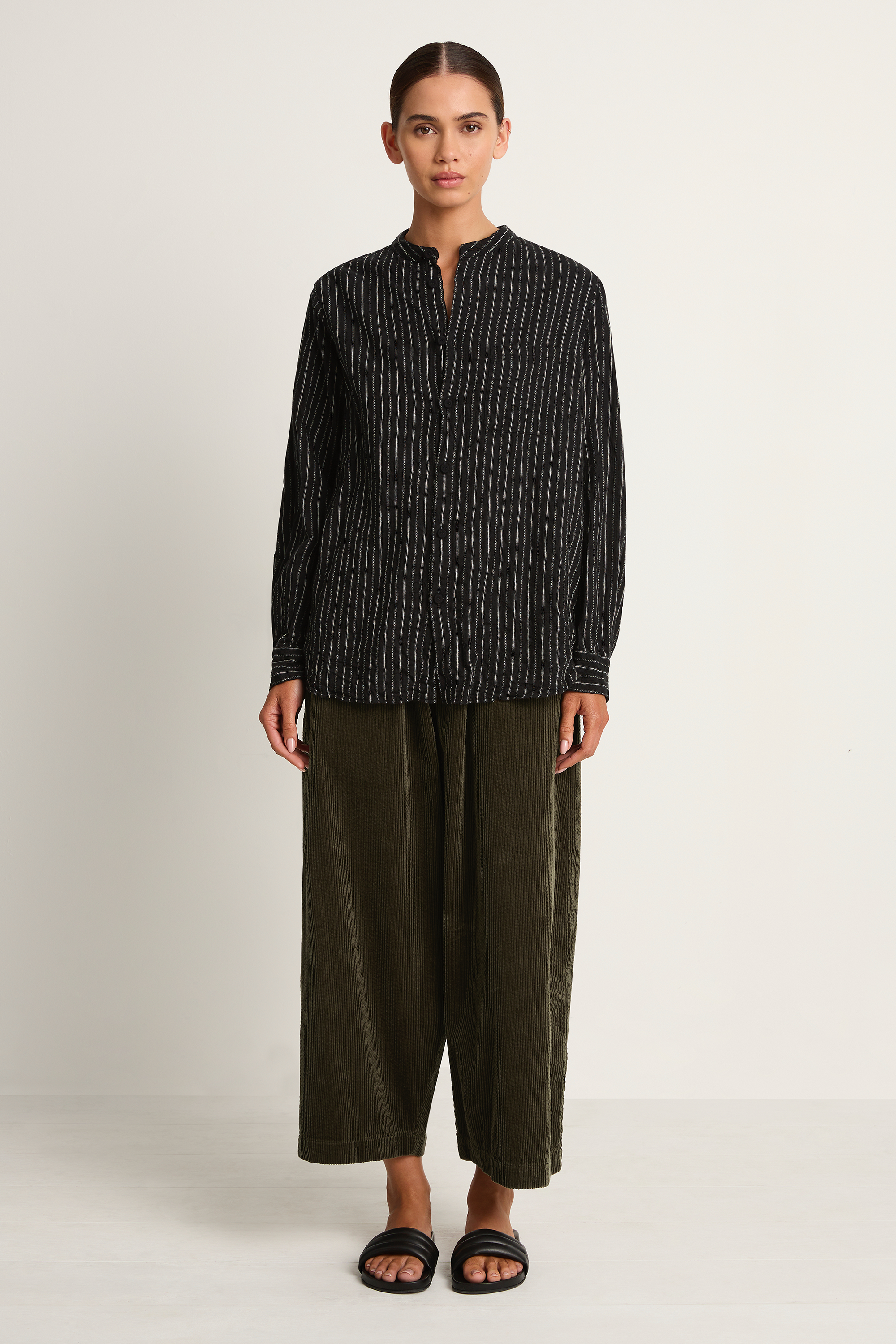 Pas De Calais Doby Stripe Shirring Brushed Blouse - Black